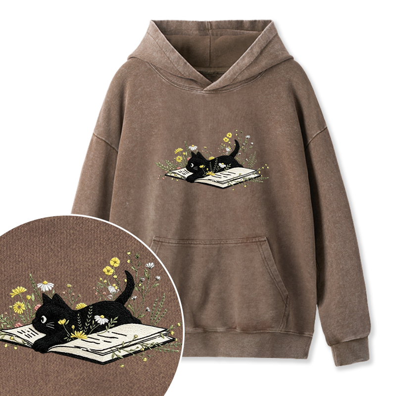 Embroidered Floral Book Cats Washed Hoodie