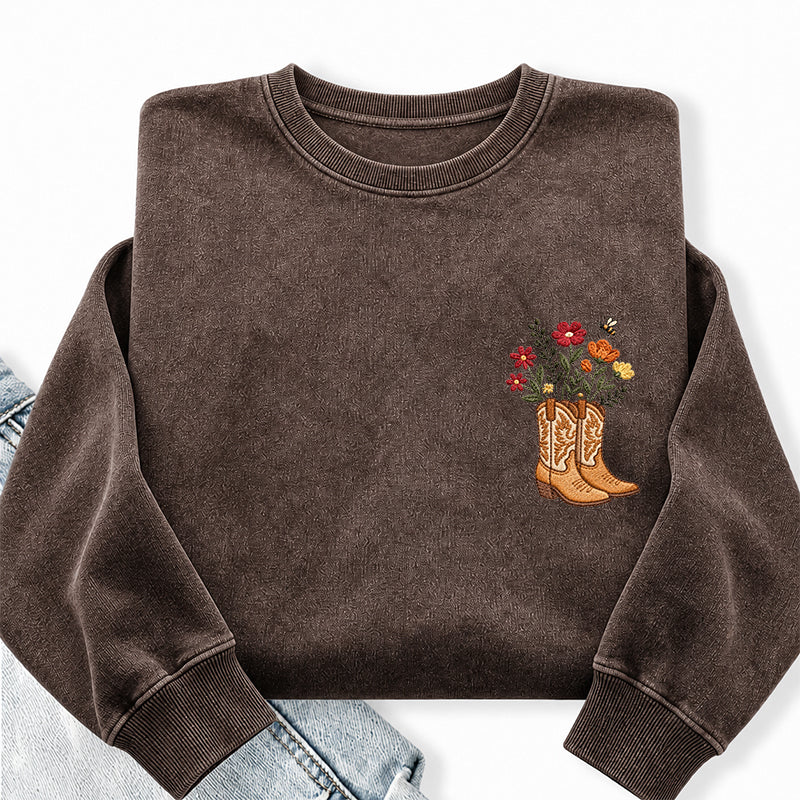 Embroidered Flower Cowboy Boots Washed Crewneck Sweatshirt