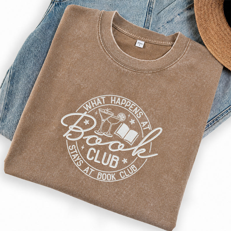 Embroidered Funny Book Club Washed Crew Neck T-Shirt
