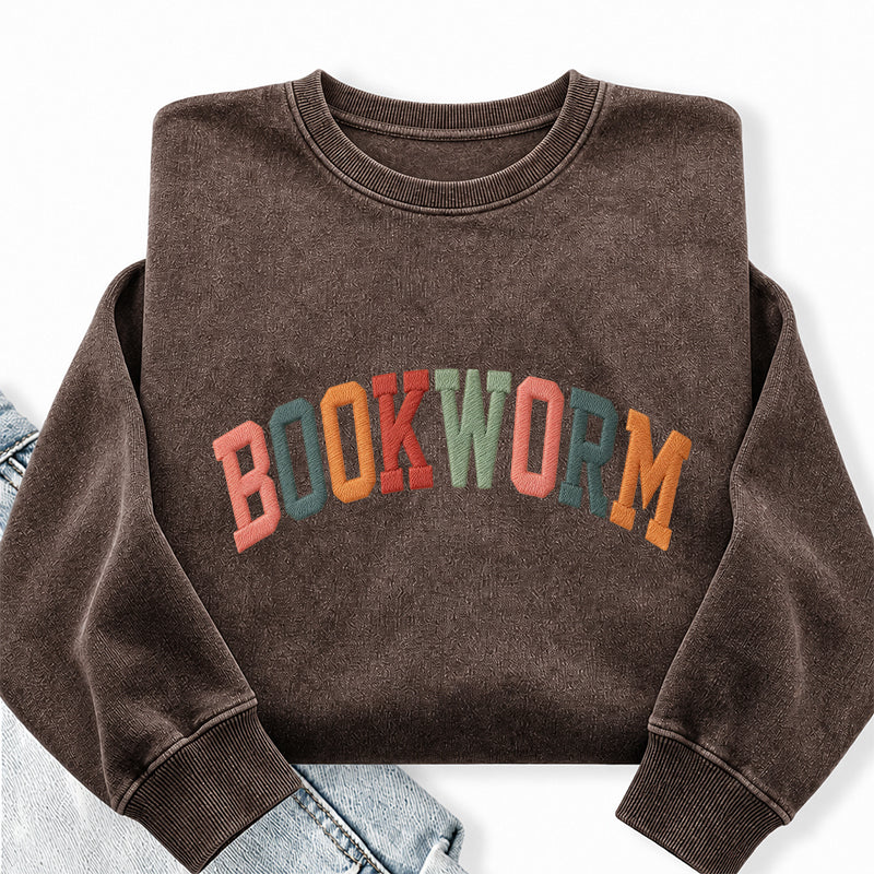 Embroidered Colorful Bookworm Washed Crewneck Sweatshirt