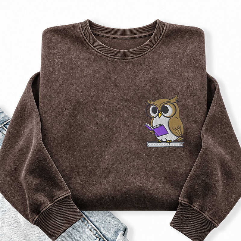 Embroidered Owl Reading Washed Crewneck Sweatshirt