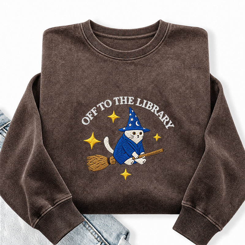 Embroidered Cat Off To The Library Washed Crewneck Sweatshirt