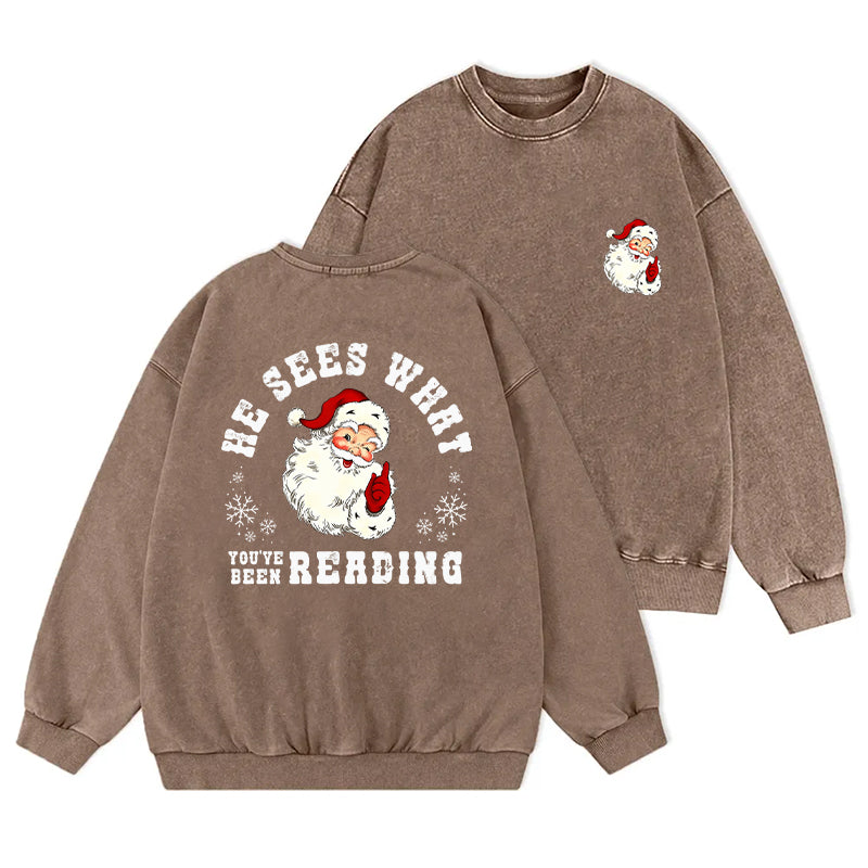 He Sees What You've Been Reading Santa Washed Crewneck Sweatshirt