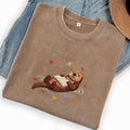 Embroidered Otter Reading Book Washed Crew Neck T-Shirt