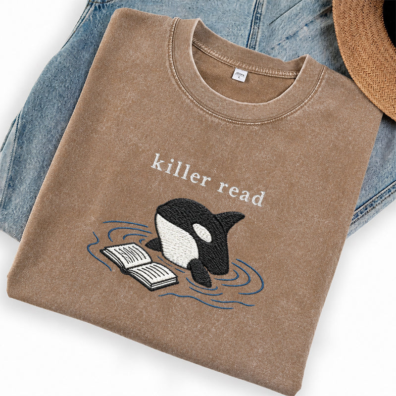 Embroidered Killer Read Orca Washed Crew Neck T-Shirt