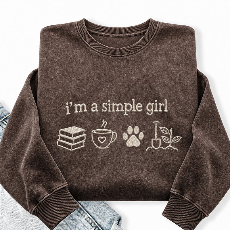 Embroidered Simple Girl Book Coffee Plant Washed Crewneck Sweatshirt