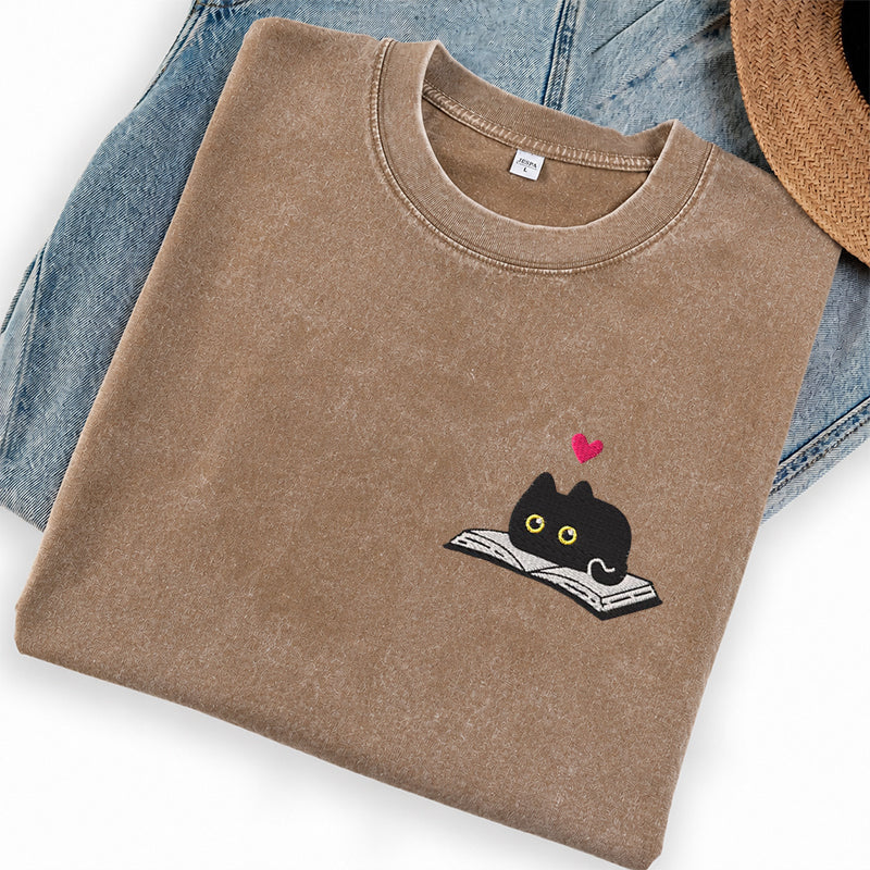 Embroidered Black Cat And Book Washed Crew Neck T-Shirt