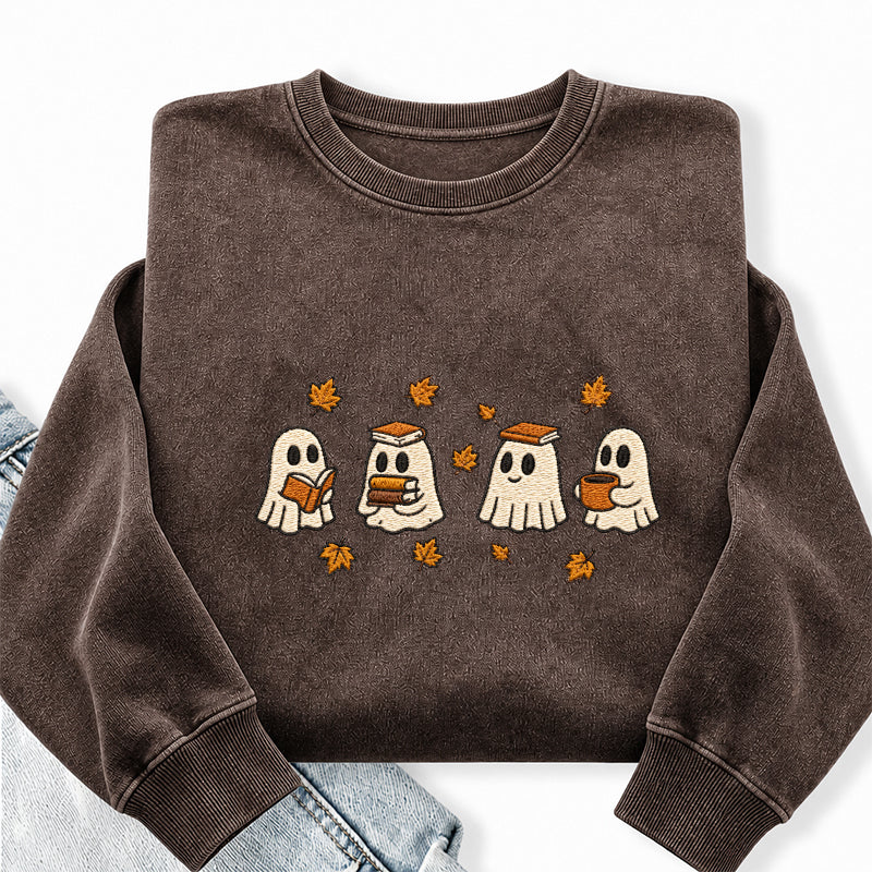 Embroidered Autumn Bookish Ghost Washed Crewneck Sweatshirt