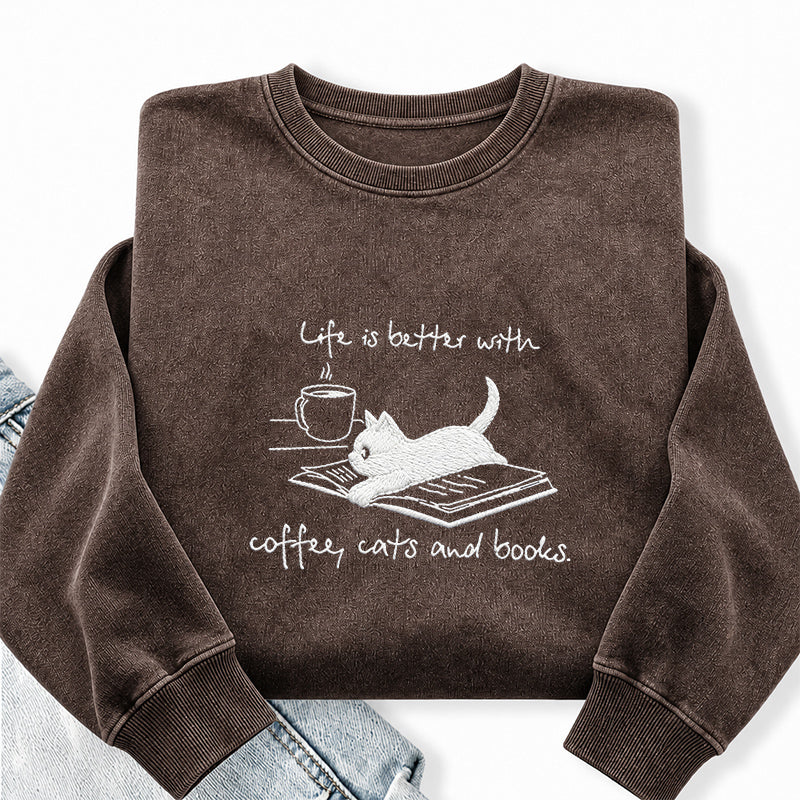 Embroidered Life Is Better With Coffee Book Cat Washed Crewneck Sweatshirt