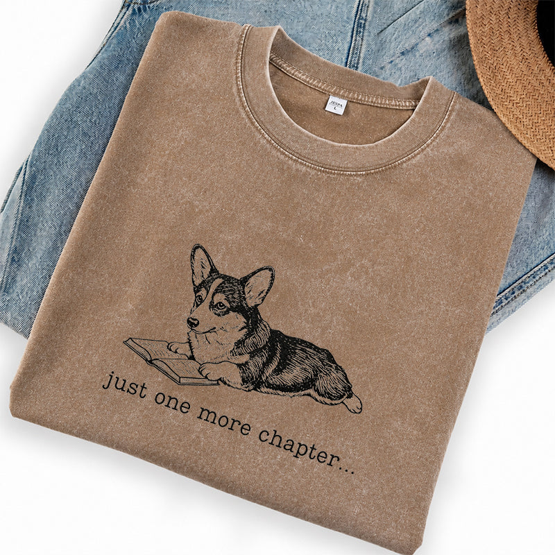 Embroidered One More Chapter Corgi Washed Crew Neck T-Shirt