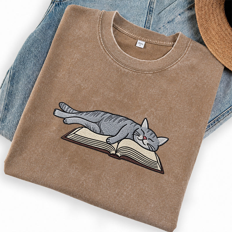 Embroidered Cat Sleeping On Book Washed Crew Neck T-Shirt