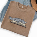 Embroidered Cat Sleeping On Book Washed Crew Neck T-Shirt