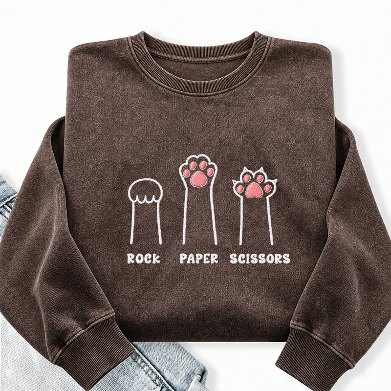 Embroidered Rock Paper Scissors Cat Paw Washed Crewneck Sweatshirt