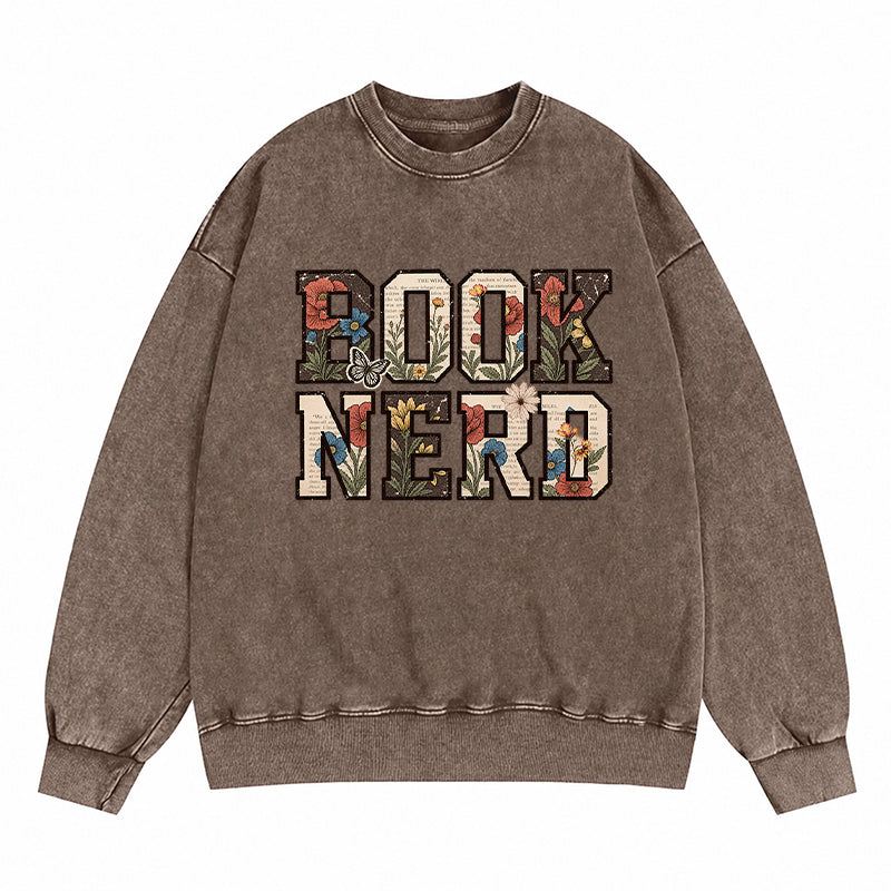 Retro Book Nerd Reading Washed Crewneck Sweatshirt