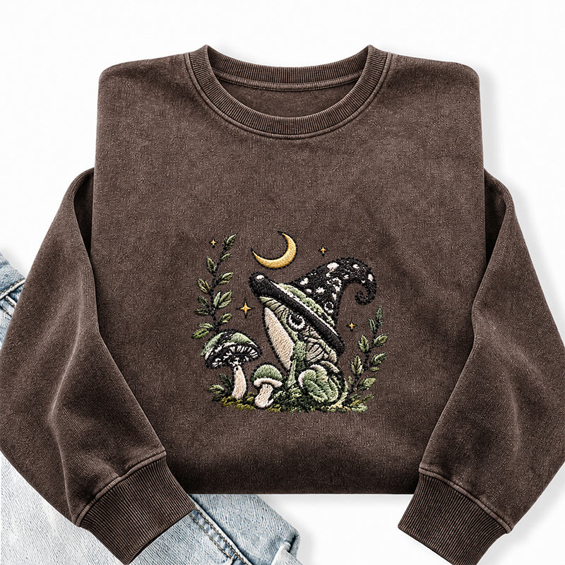 Embroidered Witchy Frog Washed Crewneck Sweatshirt
