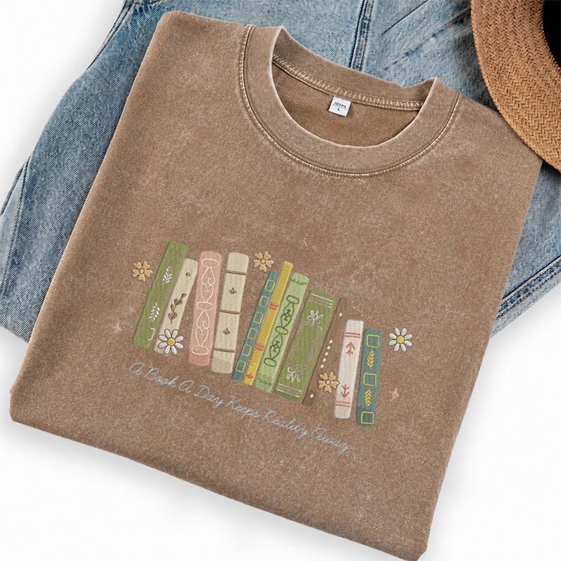 Embroidered A Book A Day Washed Crew Neck T-Shirt