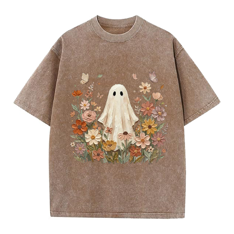 Vintage Ghost With Flowers Washed Crew Neck T-Shirt