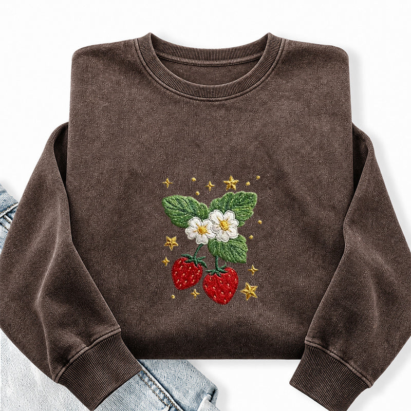 Embroidered Lovely Strawberry Washed Crewneck Sweatshirt