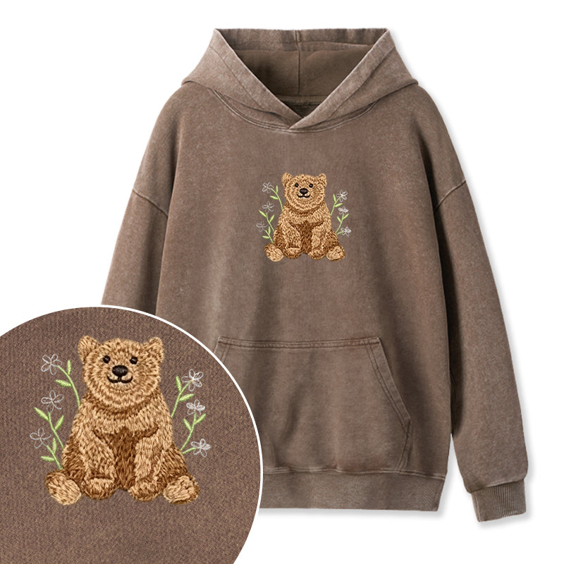 Embroidered Floral Bear Washed Hoodie