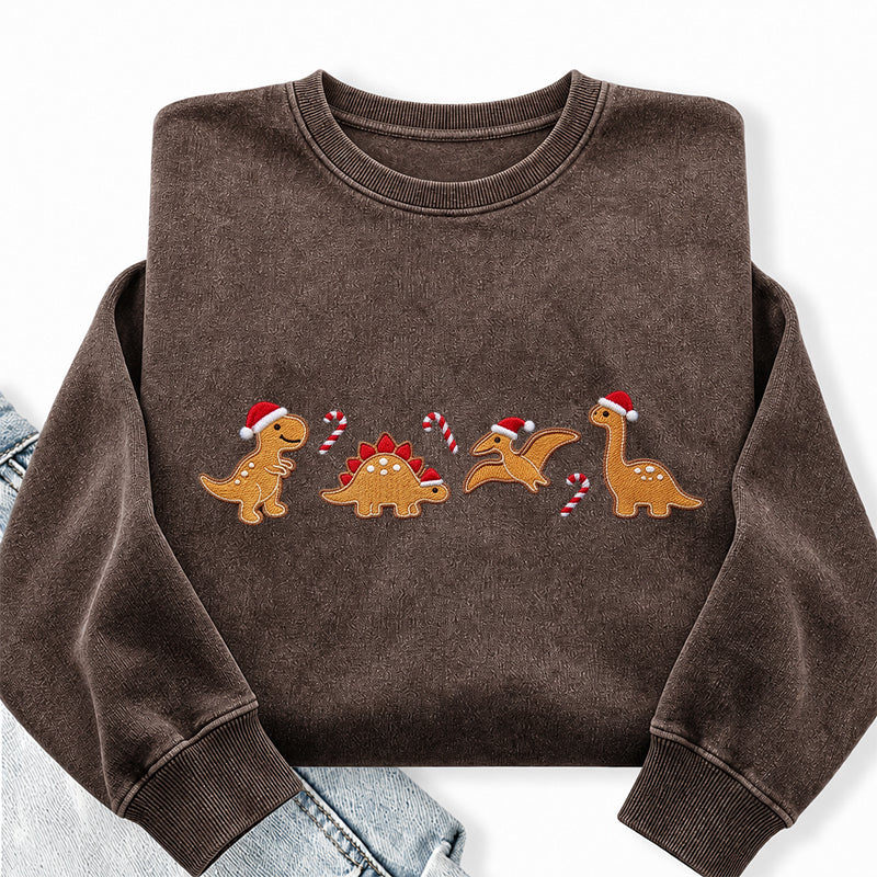 Embroidered Gingerbread Dinosaur Washed Crewneck Sweatshirt