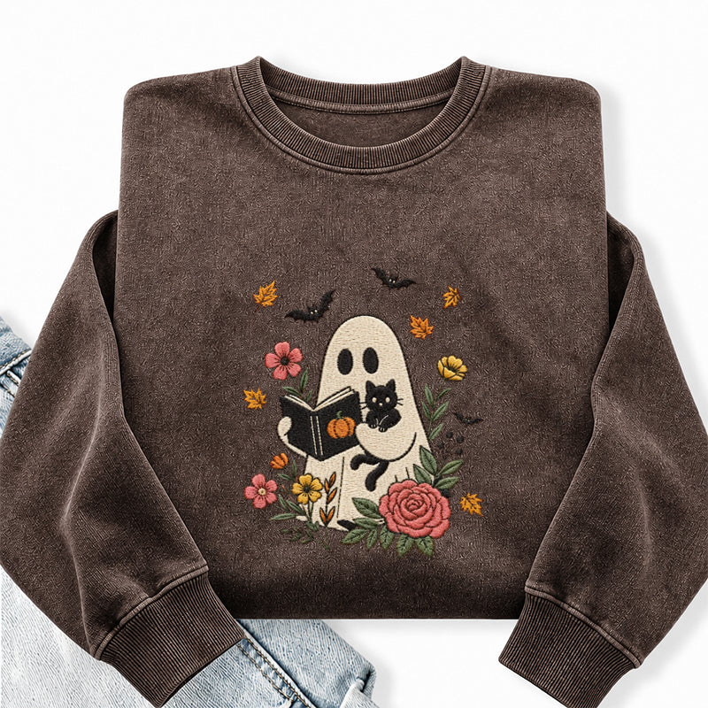 Embroidered Floral Ghost Reading Book Washed Crewneck Sweatshirt