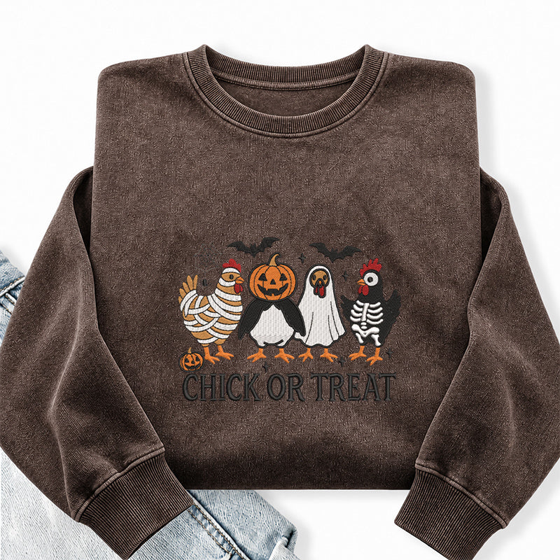 Embroidered Chick Or Treat Washed Crewneck Sweatshirt