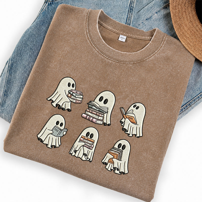 Embroidered Halloween Ghost Book Washed Crew Neck T-Shirt