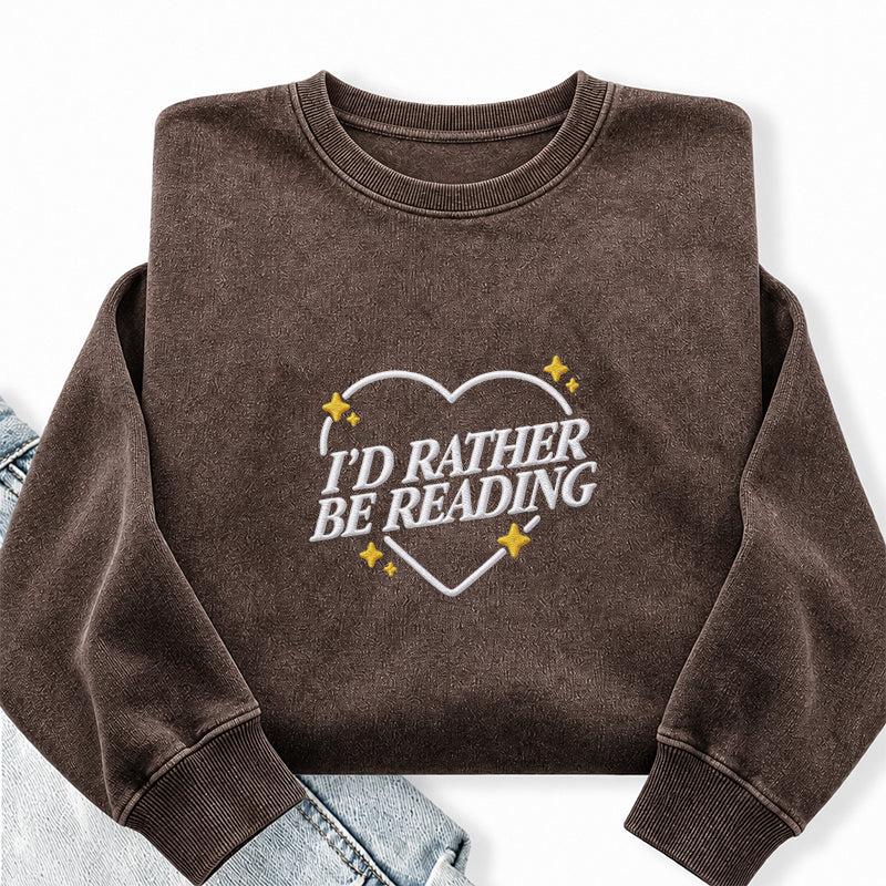 Embroidered I'd Rather Be Reading Heart Washed Crewneck Sweatshirt