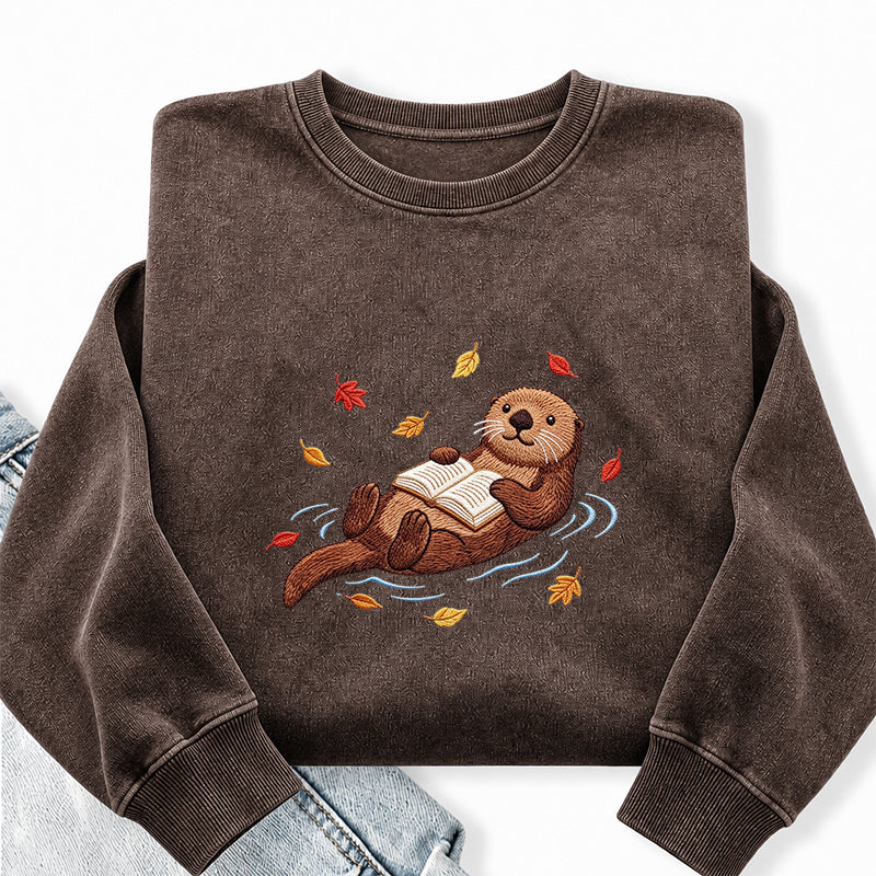 Embroidered Otter Reading Book Washed Crewneck Sweatshirt