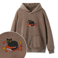 Embroidered Autumn Black Cat Book Washed Hoodie