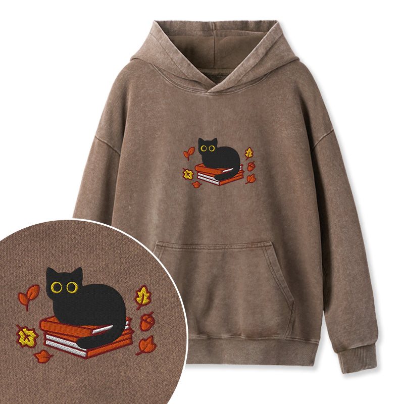 Embroidered Autumn Black Cat Book Washed Hoodie