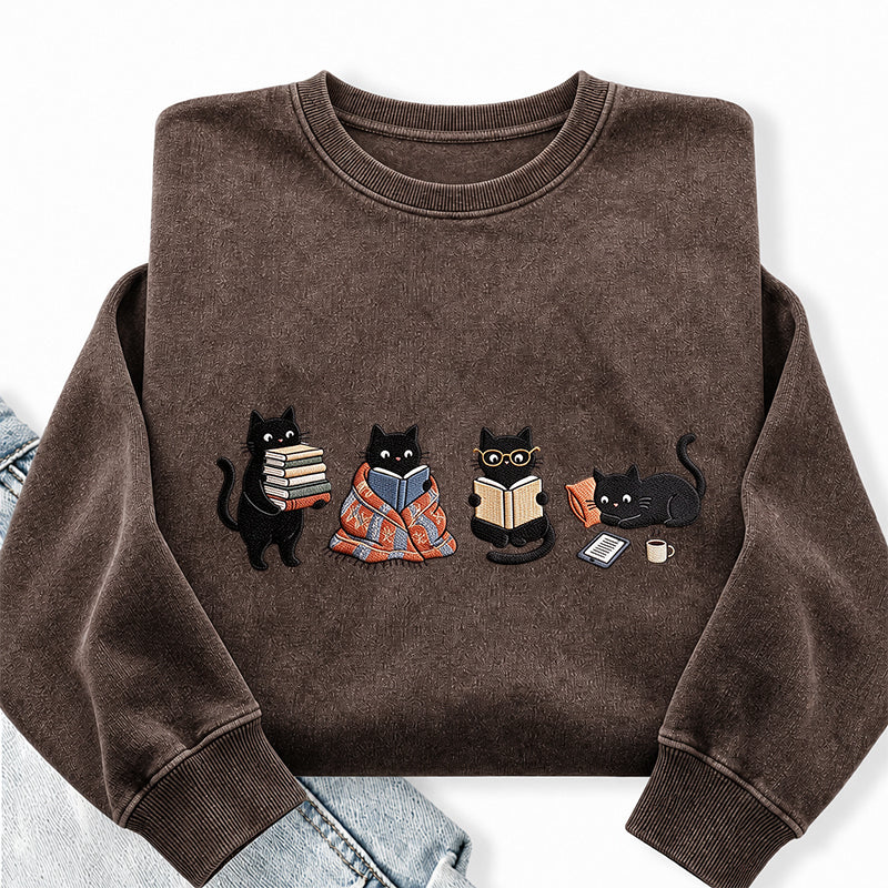 Embroidered Reading Black Cat Washed Crewneck Sweatshirt