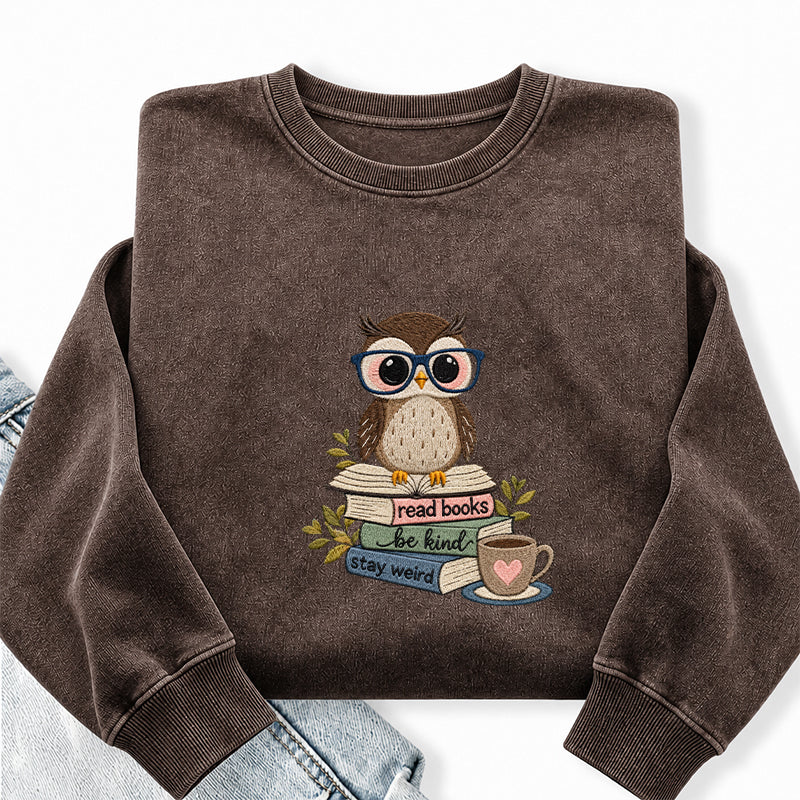 Embroidered Read Books Be Kind Owl Washed Crewneck Sweatshirt