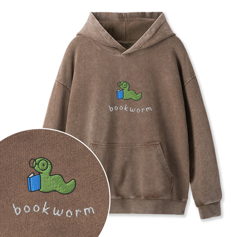 Embroidered Funny Bookworm Washed Hoodie