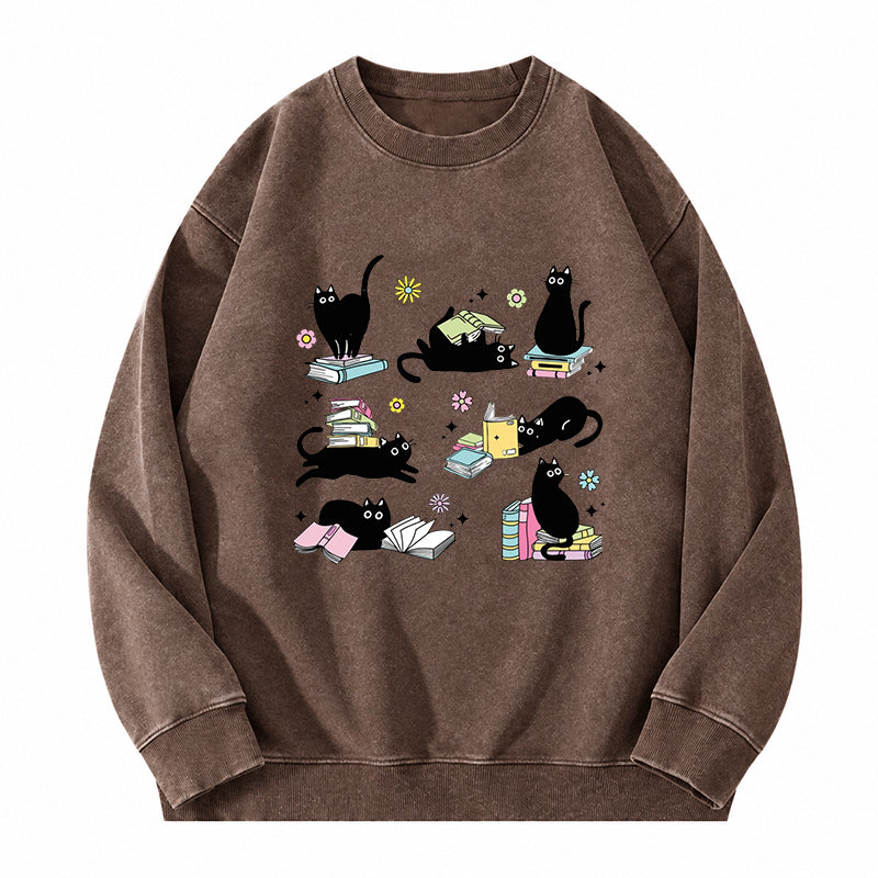 Book And Black Cats Washed Crewneck Sweatshirt