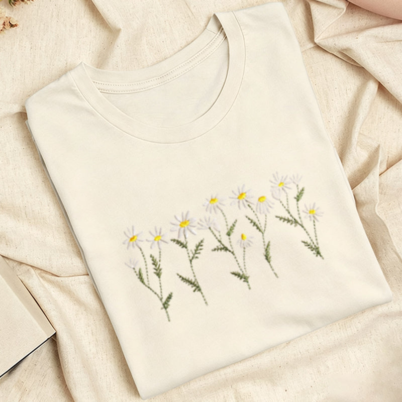 Embroidered Daisy Classic Adult Unisex Crew Neck T-Shirt
