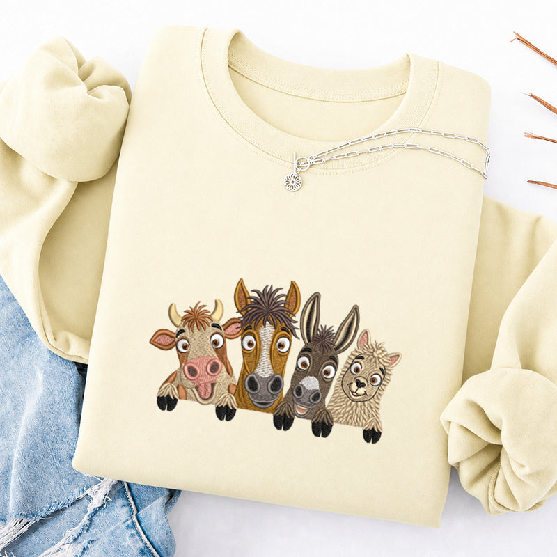 Embroidered Peeking Farm Animals Classic Crewneck Sweatshirt