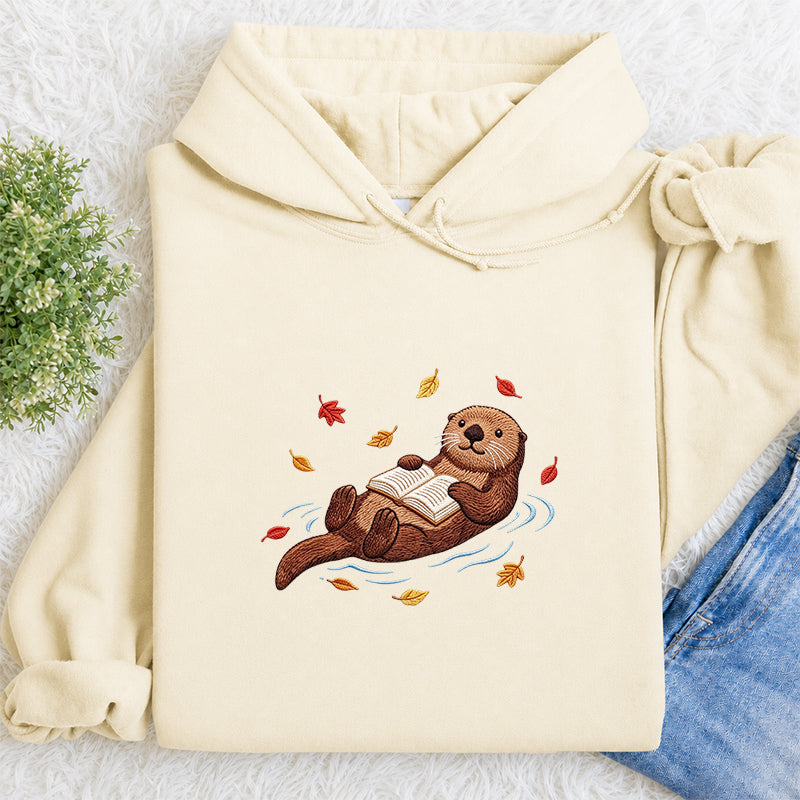 Embroidered Otter Reading Books Classic Adult Unisex Hoodie