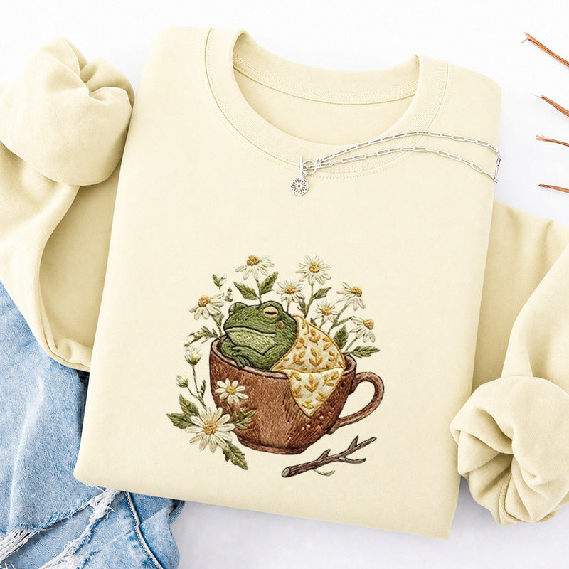 Embroidered Frog in Teacup Classic Crewneck Sweatshirt