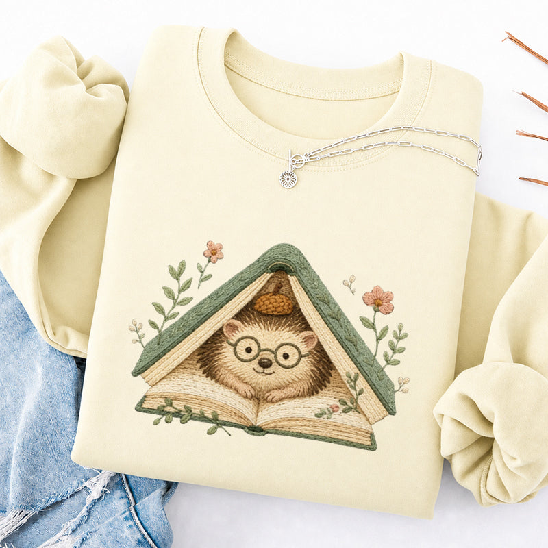 Embroidered Hedgehog Book Flower Classic Crewneck Sweatshirt