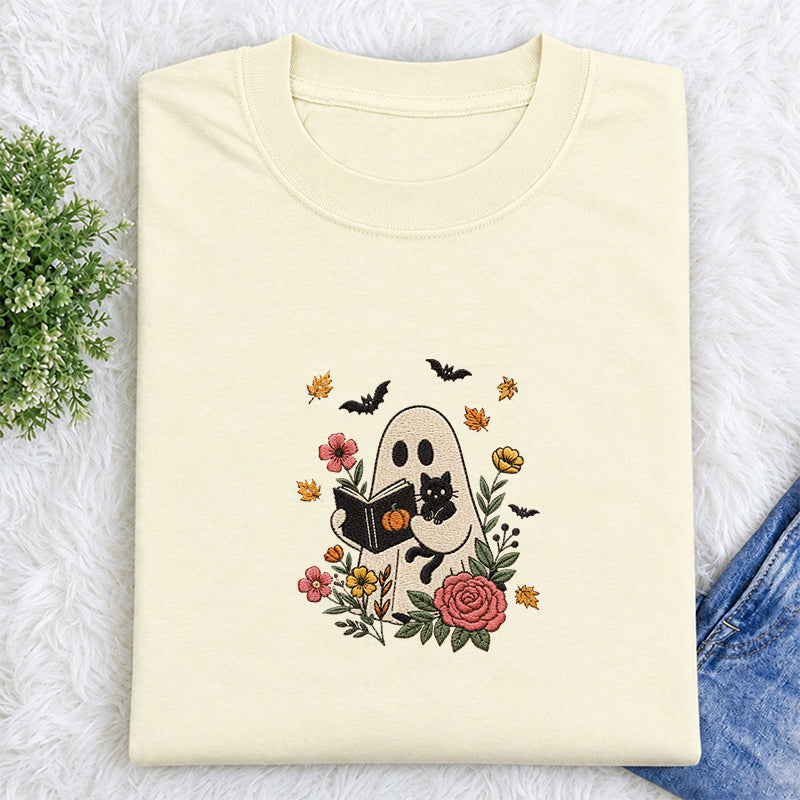 Embroidered Floral Ghost Reading Classic Crew Neck T-Shirt