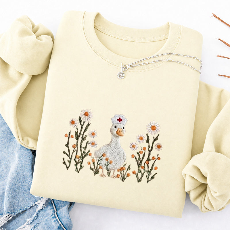 Embroidered Daisy Nurse Goose Classic Crewneck Sweatshirt