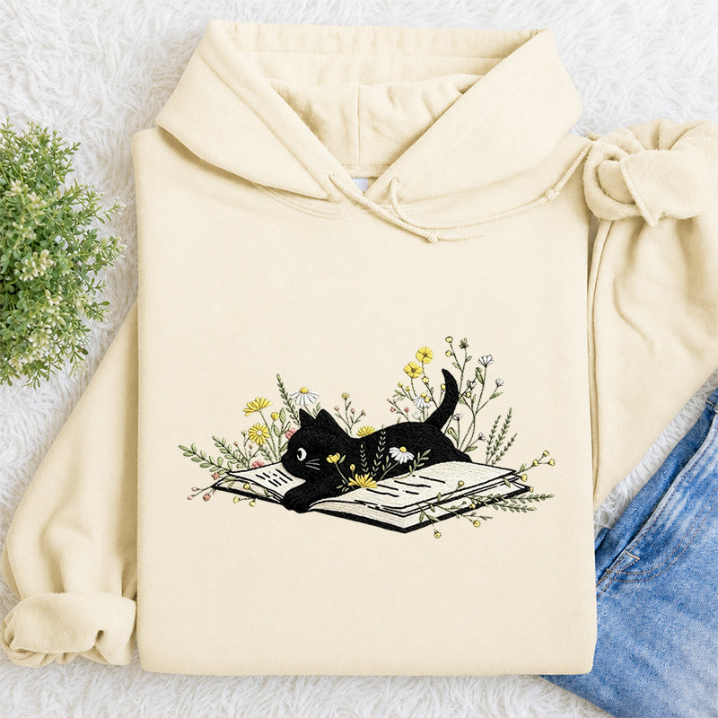 Embroidered Floral Book Cat Classic Adult Unisex Hoodie
