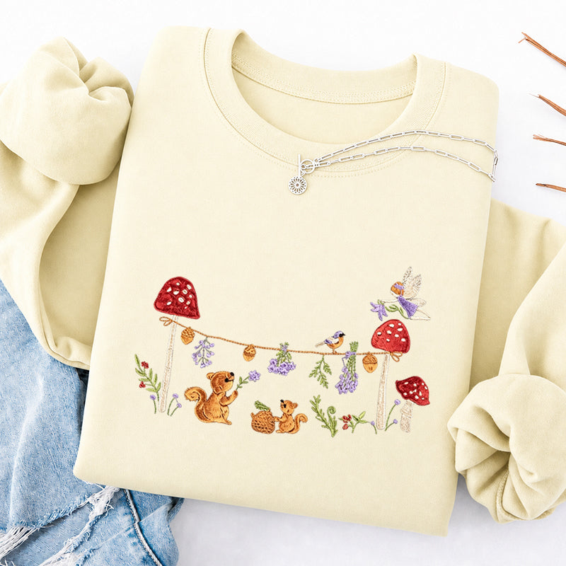 Embroidered Squirrel Woodland Fairy Tale Classic Crewneck Sweatshirt