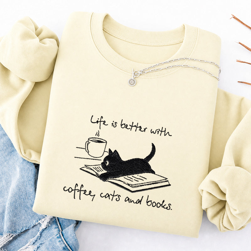 Embroidered Life Is Better With Coffee Book Cat Classic Crewneck Sweatshirt