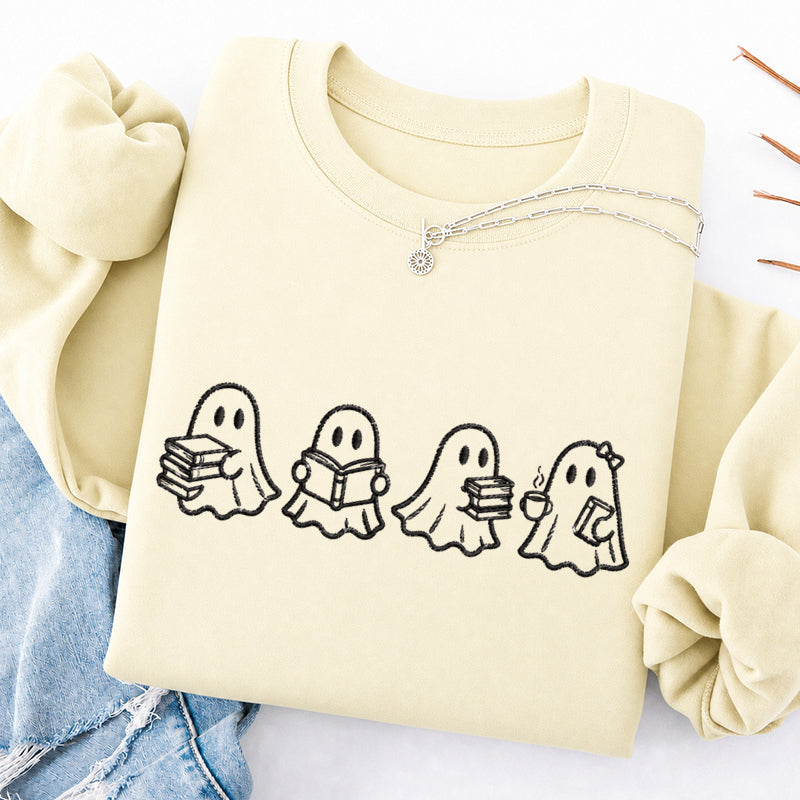 Embroidered Ghost Reading Books Classic Crewneck Sweatshirt