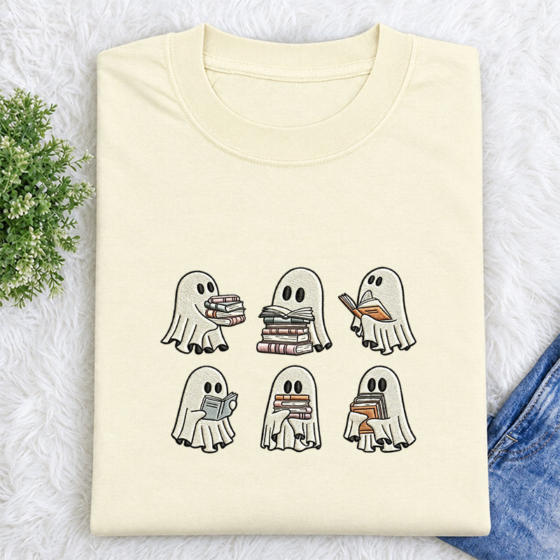 Embroidered Halloween Ghost Book Classic Crew Neck T-Shirt