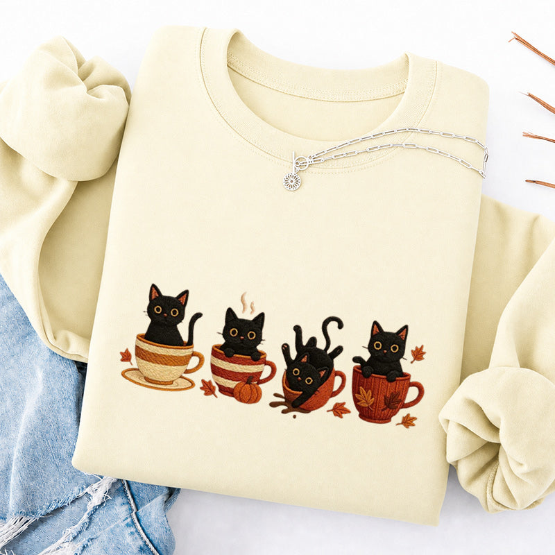 Embroidered Black Cat Coffee Classic Crewneck Sweatshirt