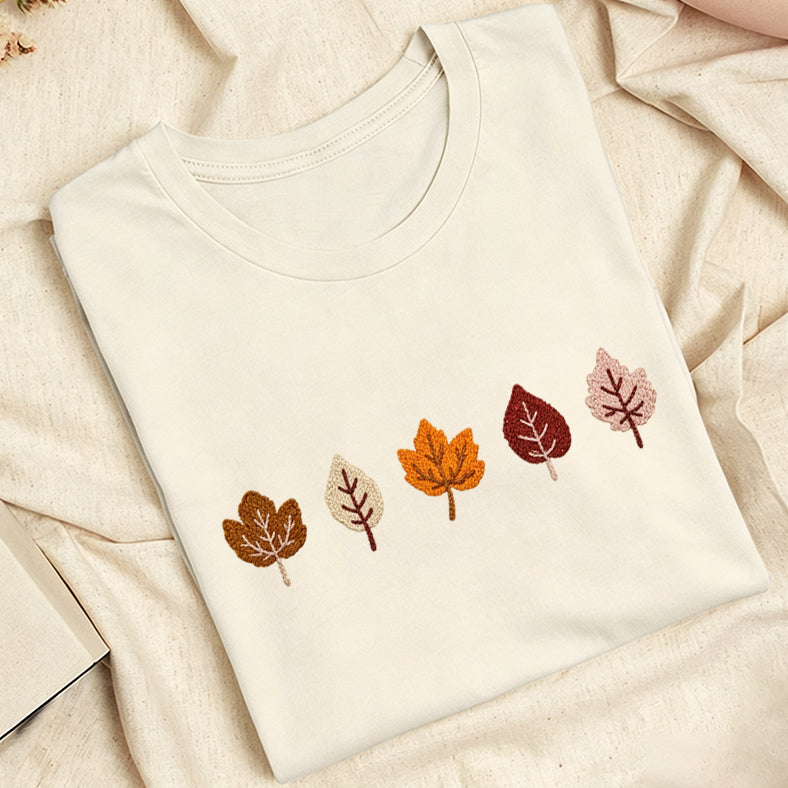 Embroidered Fall Leaves Classic Adult Unisex Crew Neck T-Shirt
