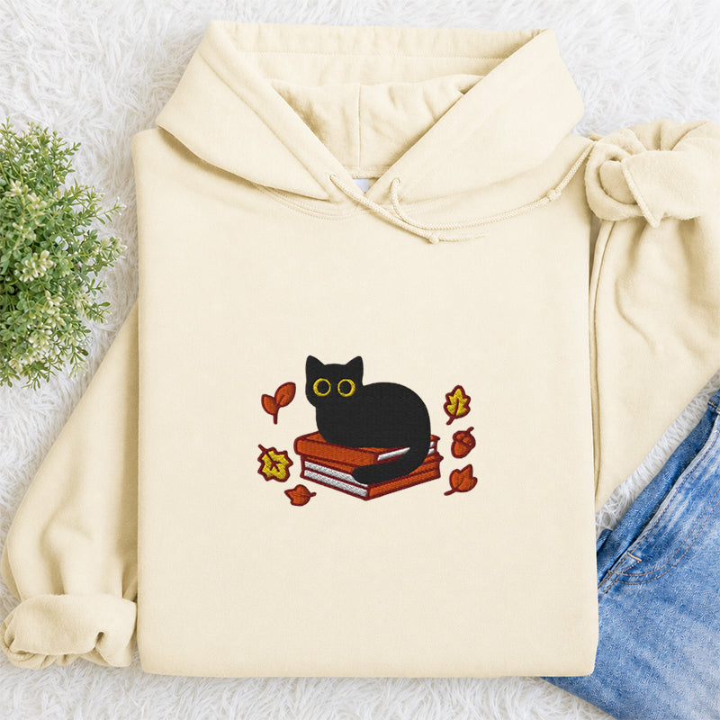 Embroidered Autumn Black Cat Book Classic Adult Unisex Hoodie